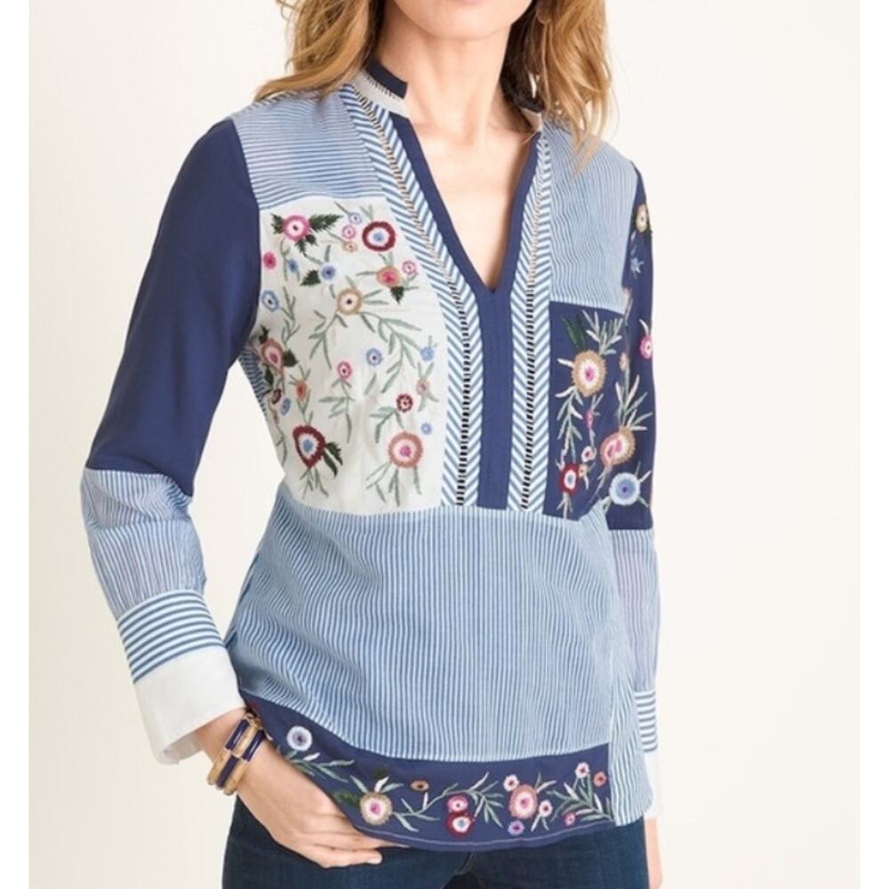 Sz 2 (12/14) Chicos Striped Embroidered Floral Patchwork Tunic Top Boho Coastal